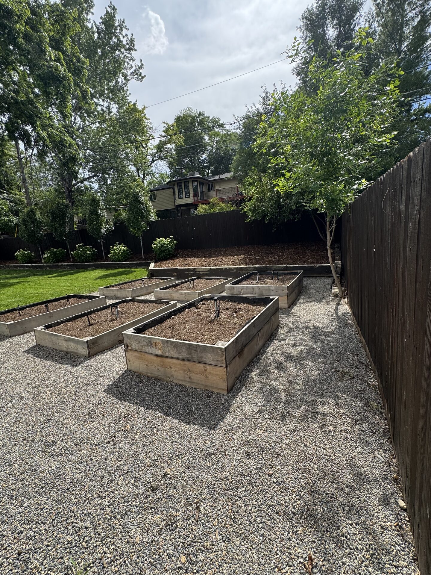 Raised planters with gravel groundcover and clean fencing
